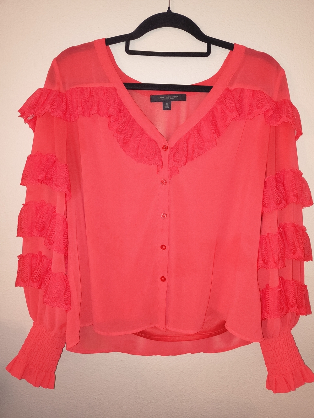 Marc New York Andrew Marc Neon Pink Sheer Lace Ruffle Blouse Women's Medium Boho